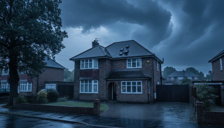 Brick house with a tiled pitched roof under dark storm clouds and heavy rain in a Berkshire suburb